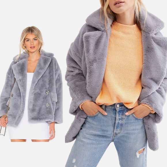 Free People Kate Faux-Fur Double Breasted Jacket in blue - Picture 1 of 12